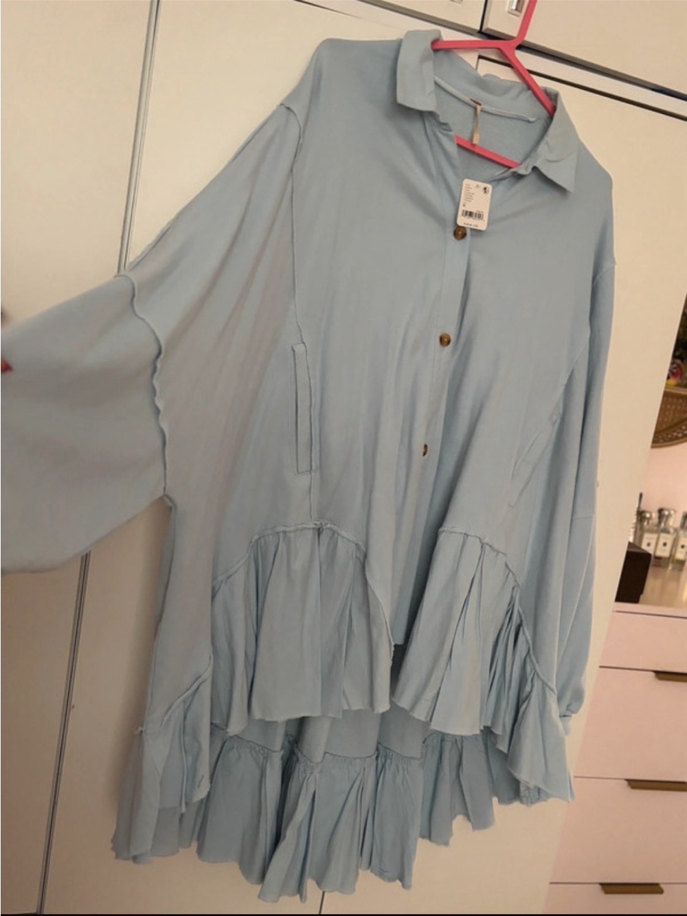 RARE Free People Buttondown Ruffle-Hem Sweatshirt Oversized Asymmetrical Blue M